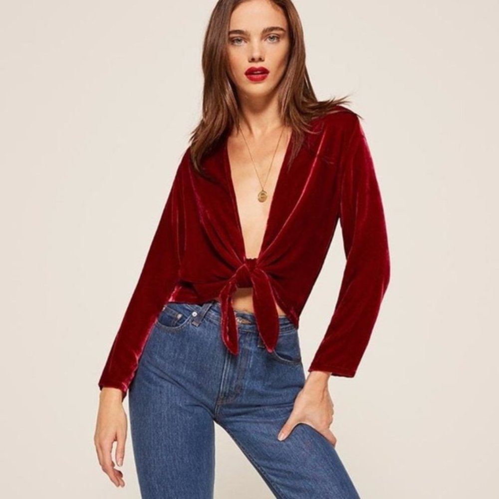 The Reformation Fez Velvet Tie Top In Crimson - Size Small